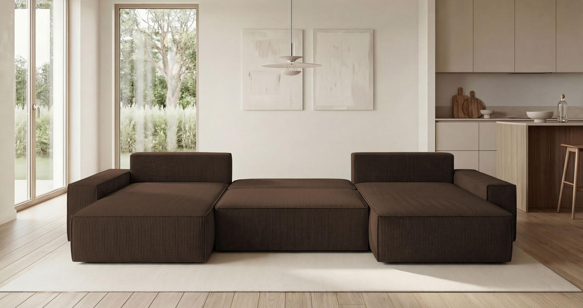 ECKSOFA CALIFORNIA U-Form braun Cord POSO 6 - Schlaffunktion, Bettkasten - Braun, Textil (385/185cm) - Cornero