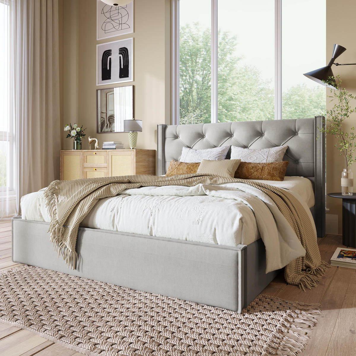 POLSTERBETT 160/200 cm in Hellgrau mit Stauraum und Lattenrost - Hellgrau, Textil (160/200cm) - OKWISH