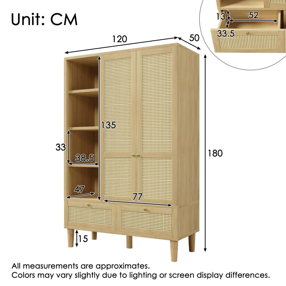 KLEIDERSCHRANK 120/50/180 cm mit 2 Drehtüren, 2 Schubladen und Rattan in Eiche - Eichefarben, Holz (120/180/50cm) - BEAOK
