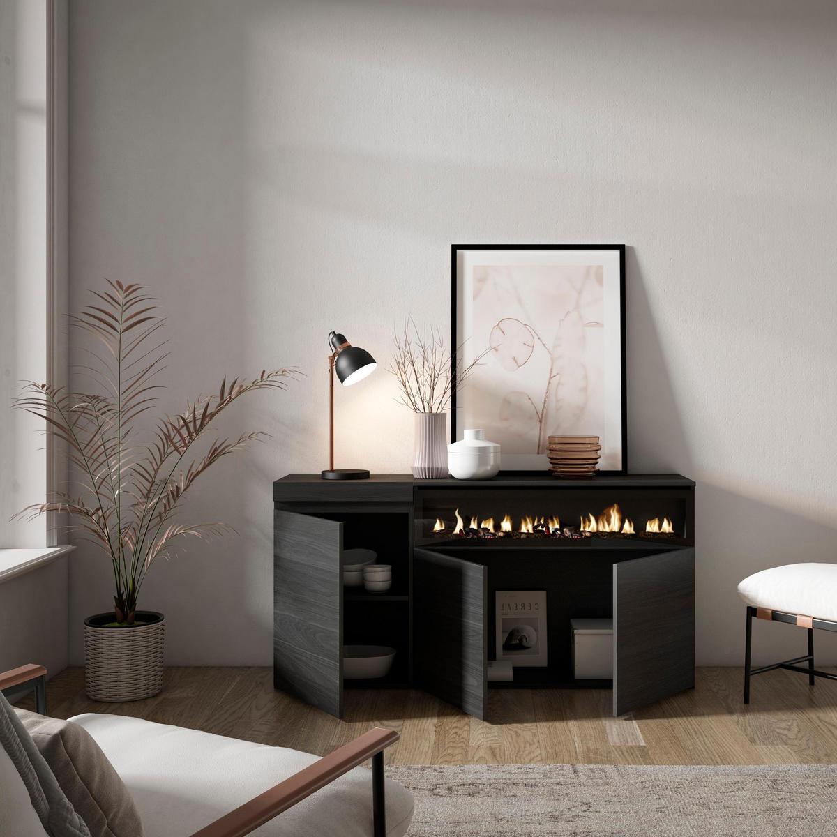 SIDEBOARD Elektrokamin, schwarz, 150/35/75cm - Schwarz, Holzwerkstoff (150/75/35cm) - Skraut Home