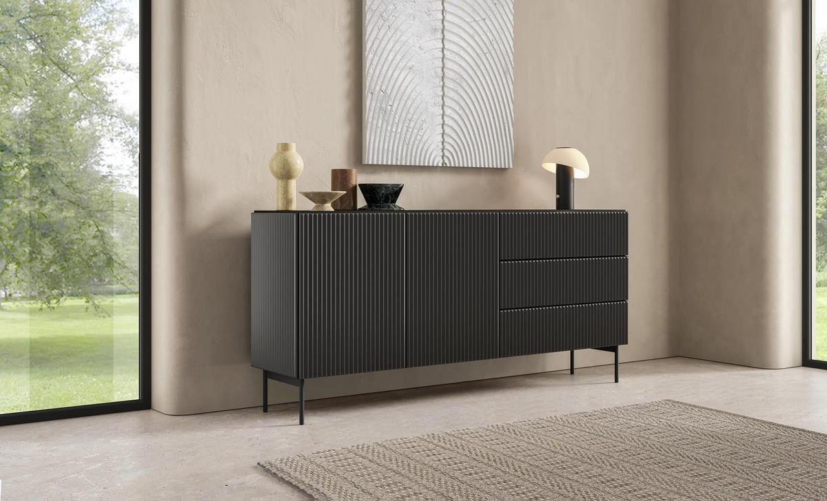 SIDEBOARD Tutti Schwarz, zweitürige mit Schubladen - Schwarz, Holzwerkstoff/Metall (177/81/40cm) - Bettso