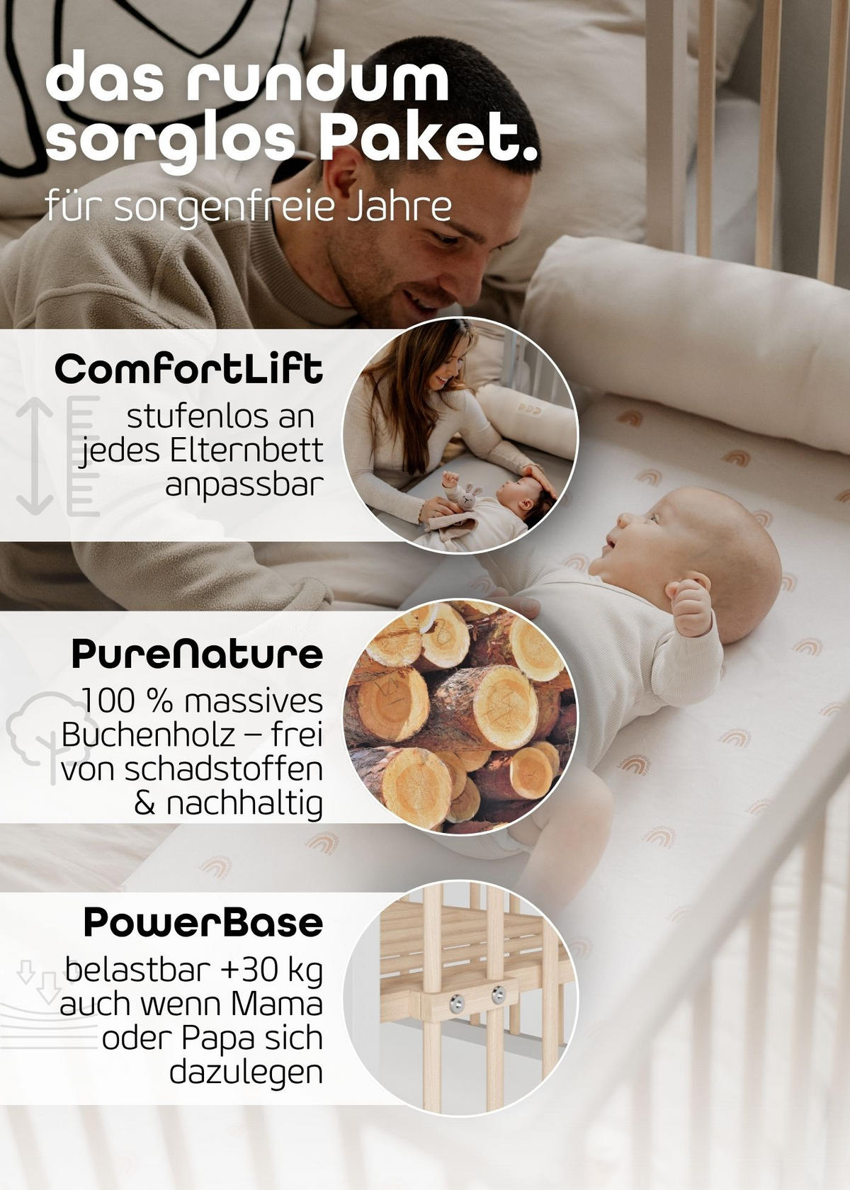 BEISTELLBETT mit Umbauseite - weiß - Dreamy 4 in 1 Bett - Weiß, Holz (120/90/60cm) - Sämann – make a difference.