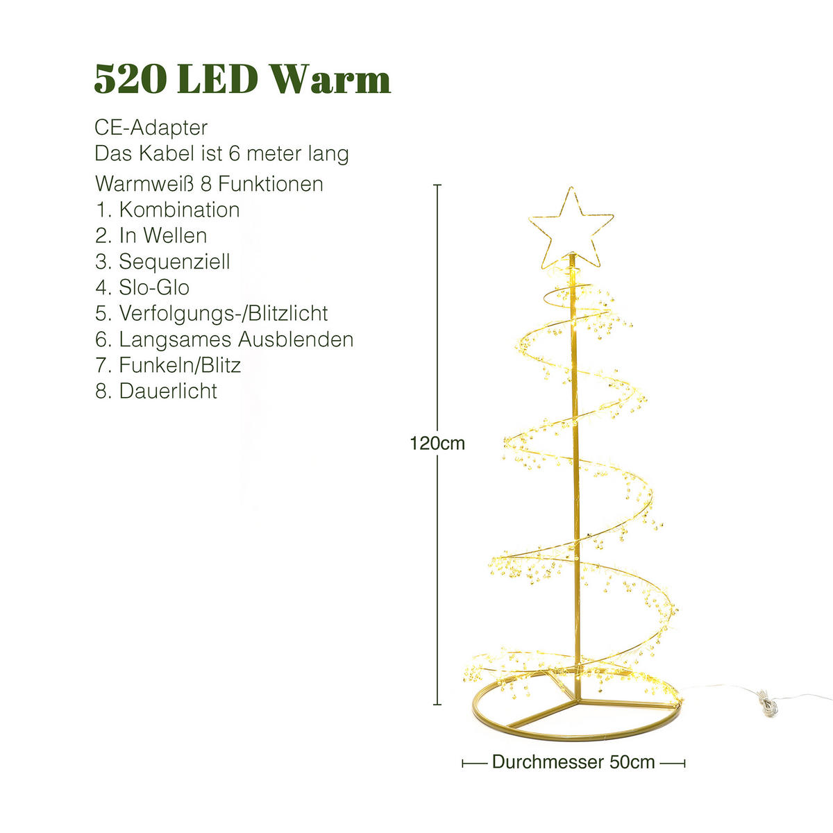 LED Spiralbaum HTHD0220 - Goldfarben, Kunststoff/Metall (50/120/50cm) - Hometopia