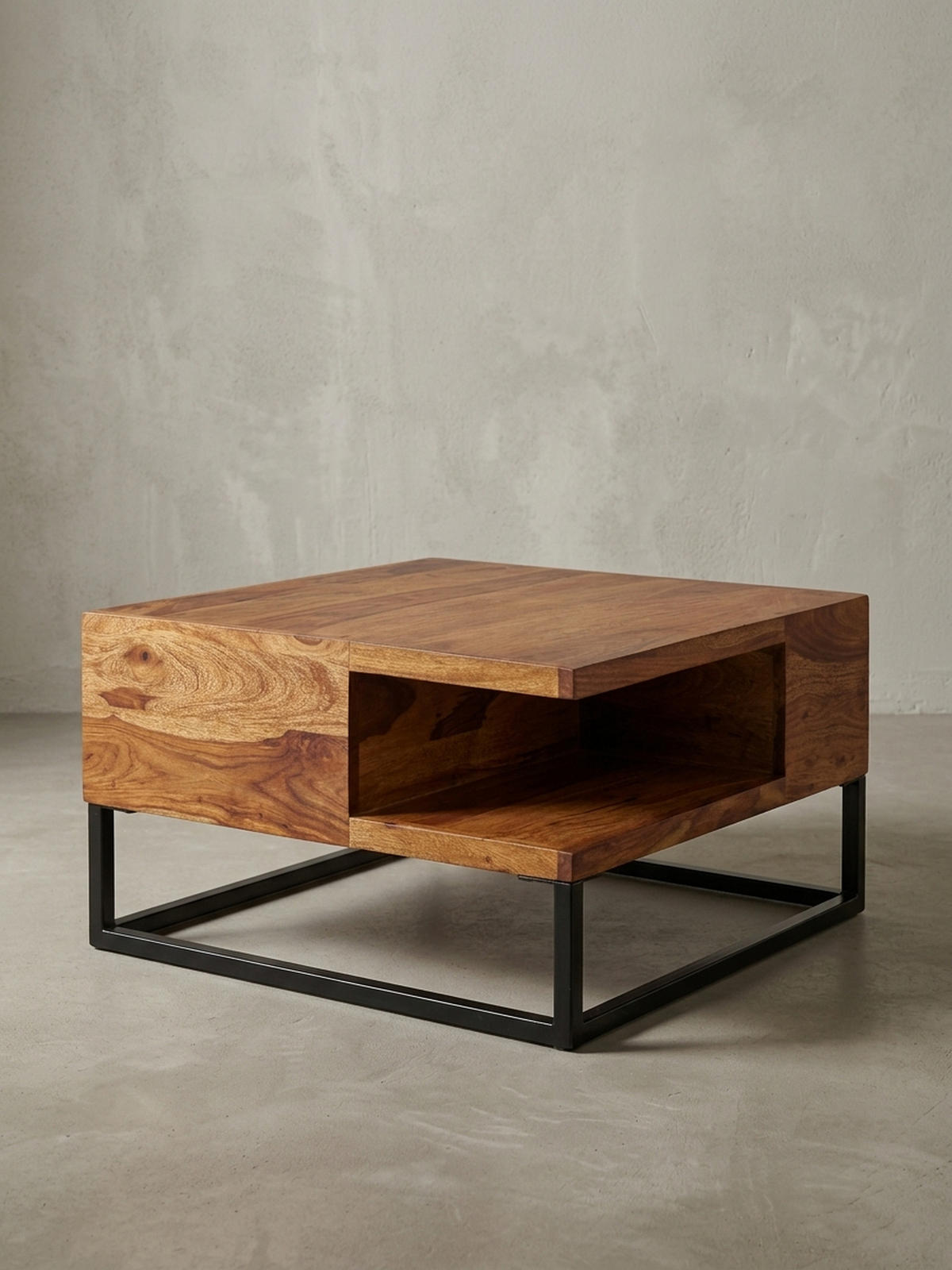 COUCHTISCH in Sheeshamholz mit Staufach, 60x60x34,5 cm, Industrial-Design - Schwarz/Braun, Holz/Metall (60/60/35cm) - KADIMA DESIGN