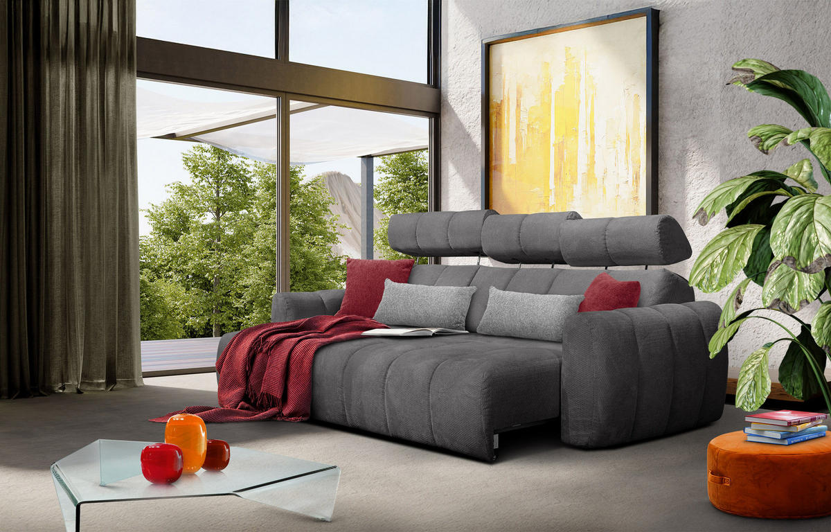 ECKSOFA KIMI 3-Sitzer, ausziehbarer Sitz, verstellbare Kopfstützen, dunkelgrau - Anthrazit/Schwarz, Holzwerkstoff/Textil (270/160cm) - Courtois Laville
