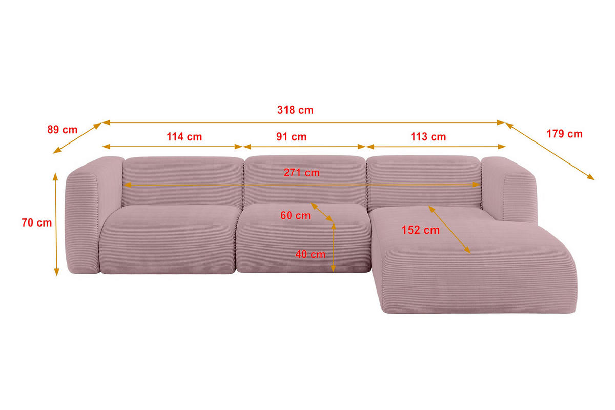 ECKSOFA Ottomane Rechts MIRA-L2 318x179x89 Rosa Cord - Schwarz/Rosa, Holzwerkstoff/Kunststoff (318/179cm) - ALTDECOR