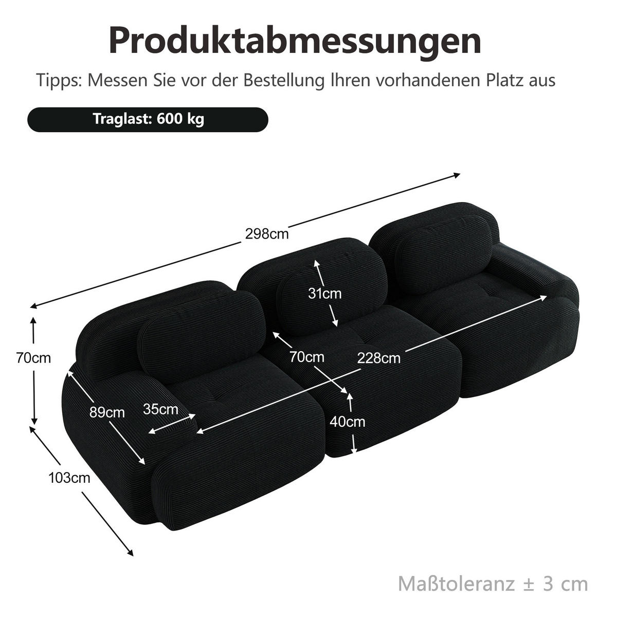 ECKSOFA aus Cordstoff Schwarz 298x103x70 cm, modular kombinierbar und ohne Montage - Schwarz, Textil (103/298cm) - IVMEU