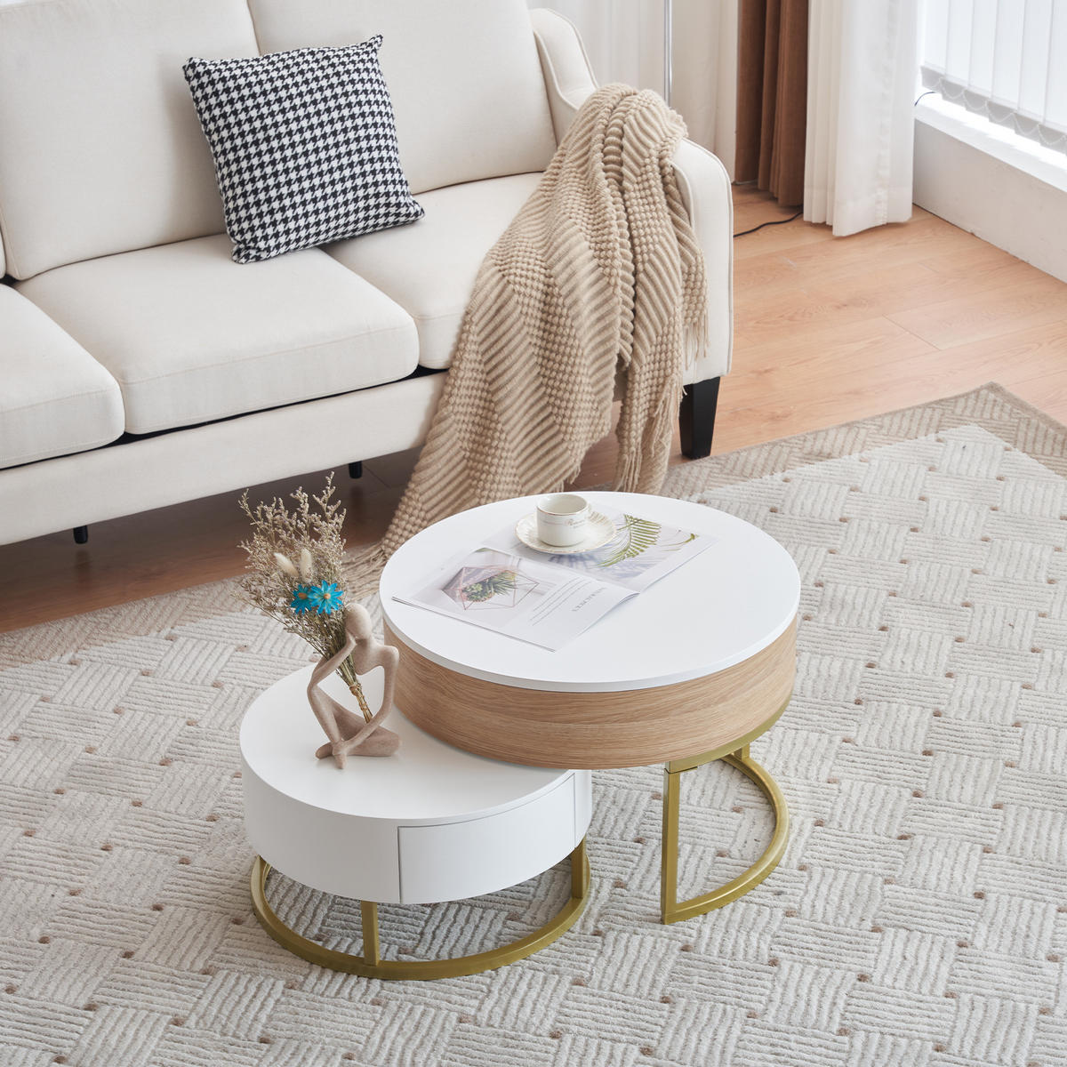 COUCHTISCH Set 2-tlg Gold Hochklappbar 2 Schubladen Satztisch Kombination - Weiß, Holz (78.5/78/22cm) - FLIEKS