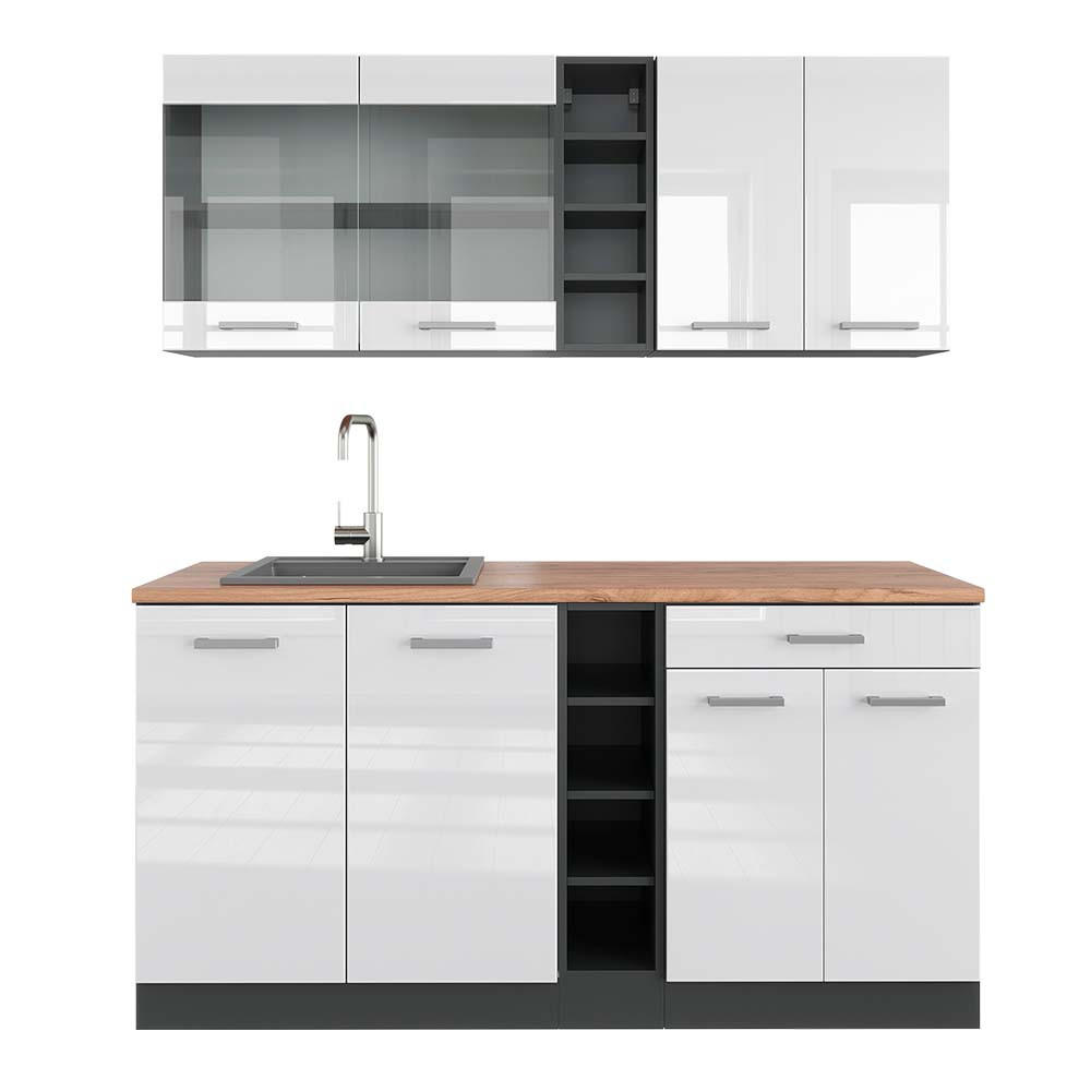 SINGLEKÜCHE R-Line Weiß Hochglanz/Anthrazit 160 cm, AP Eiche - Weiß Hochglanz/Anthrazit, Holzwerkstoff (160/81.6/60cm) - Vicco