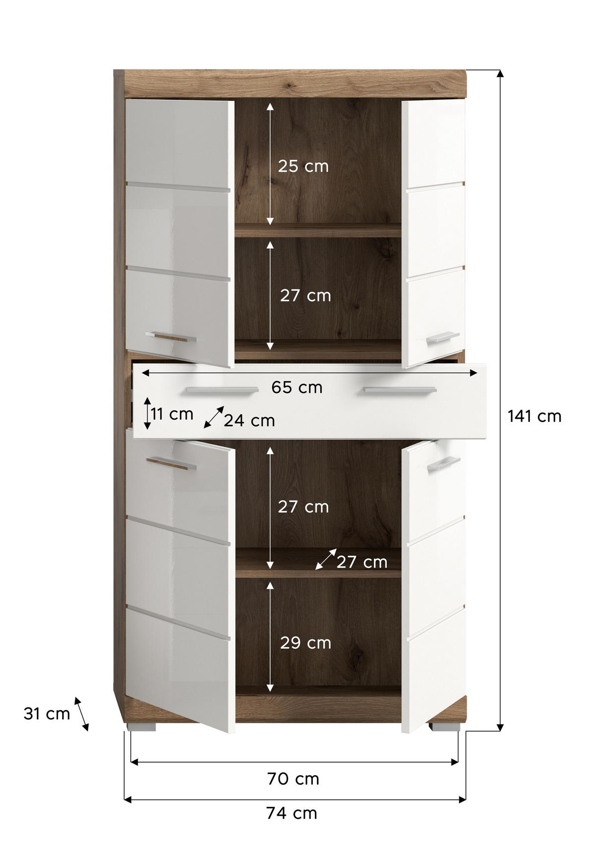 STANDSCHRANK breit Wave Bad in Nox Oak Nachbildung und weiß hochglanz B/H/T: 74x141x31 cm - Eichefarben, Holz (74/141/31cm)