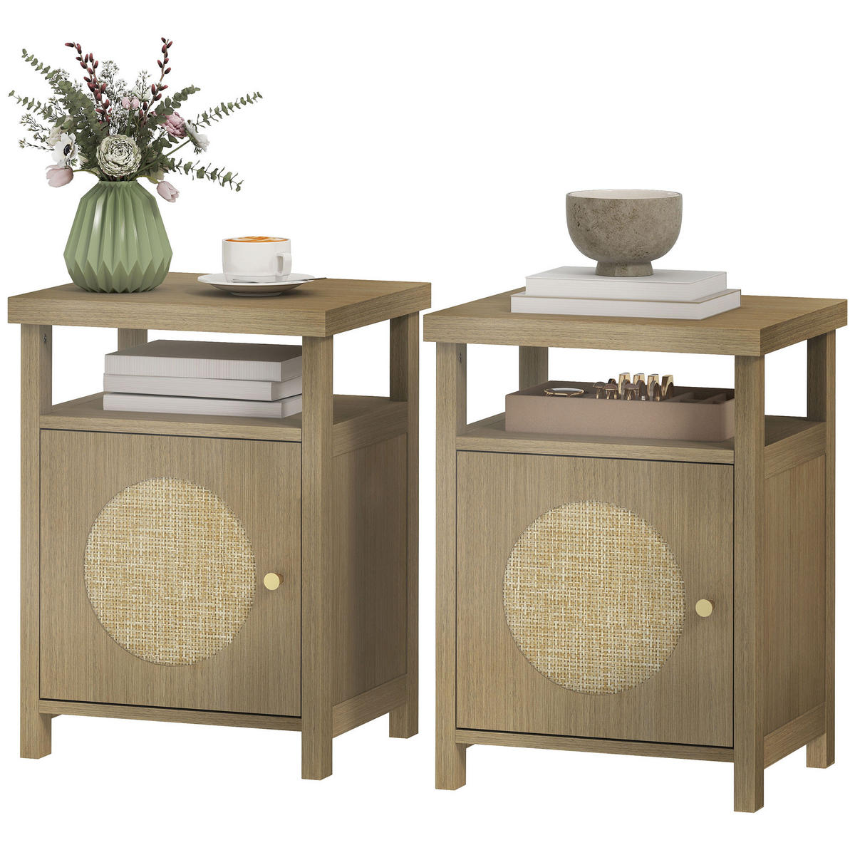 NACHTSCHRANK 2er-Set DE-12898 Rattantür und offenes Fach Braun - Braun, Holzwerkstoff (35/55/40cm) - ComfortXL