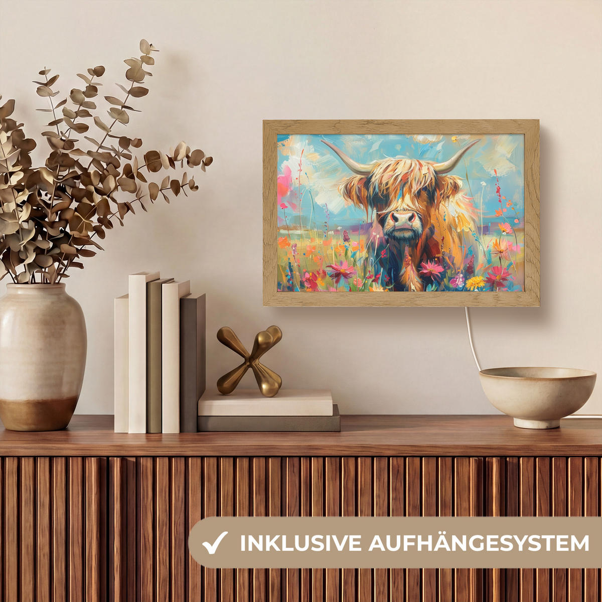NÁSTĚNNÁ LAMPA Skotský horal - Příroda - Barevné - Květiny 30x20 cm - různobarevná, kompozitní dřevo (30/20/8cm) - OnlyWow