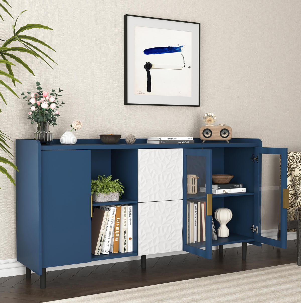 SIDEBOARD mit Glastüren, 2 Schubladen und offenen Fächern, vielseitiger Stauraum, Blau - Blau, Holzwerkstoff (150/80/40cm) - Redom