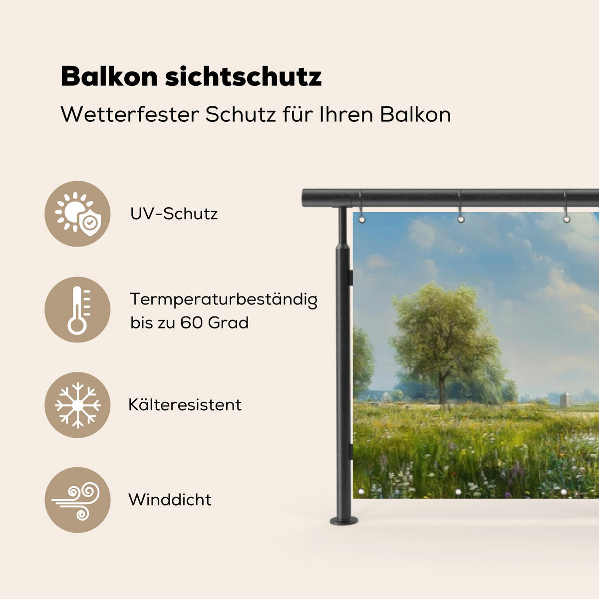 BALKON-SICHTSCHUTZ Kühe - Windmühle - Wiese - Blau - Grün, Kunststoff (500/90cm) - MuchoWow