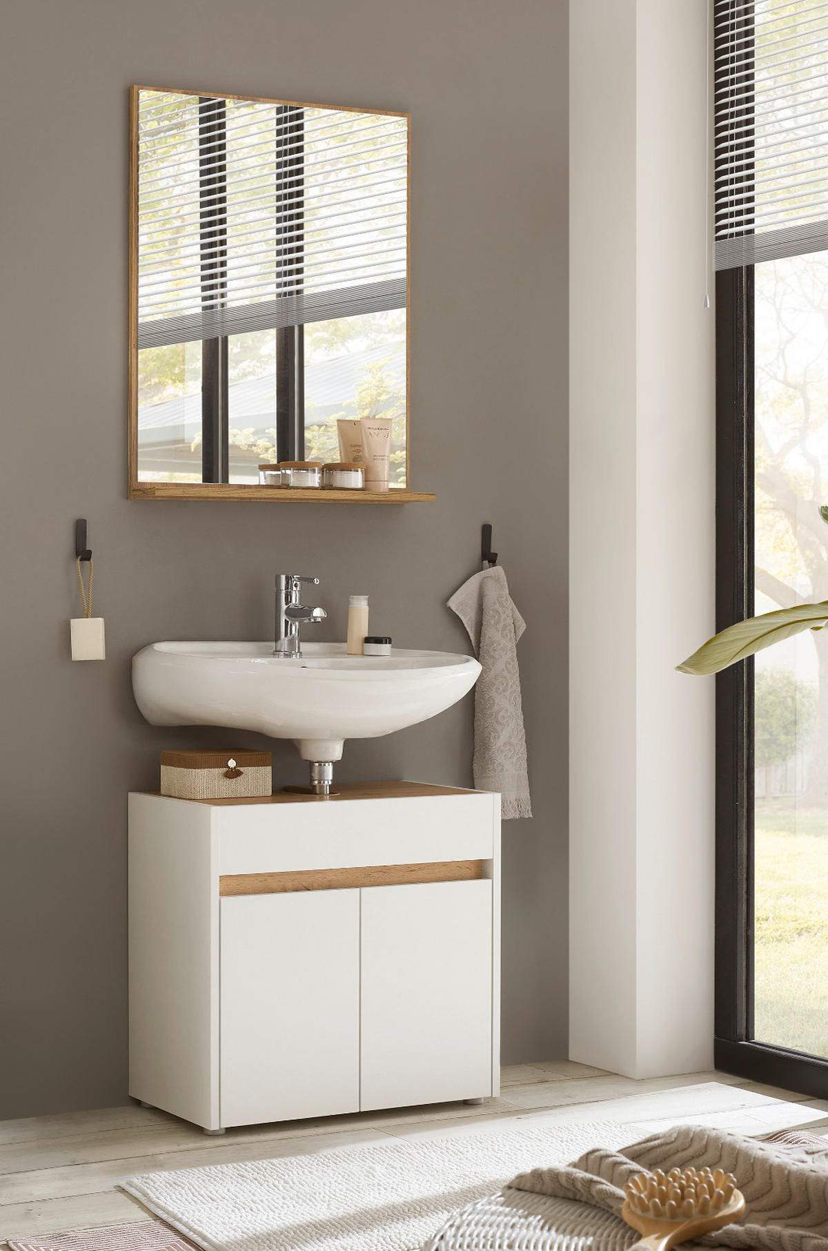 BADMÖBEL-SET 2-teilig weiß, Wotan Eiche, Badkombination 60 cm - Silberfarben/Eiche Wotan, Glas/Holz (61/200/34cm) - Furn.Design