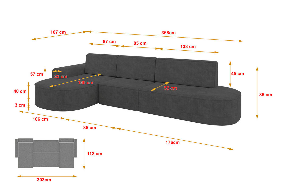 ECKSOFA mit Schlaffunktion Ottomane Links MARI L2-S 368X167X85 Dunkelgrau Velours - Dunkelgrau/Schwarz, Holzwerkstoff/Kunststoff (368/167cm) - ALTDECOR