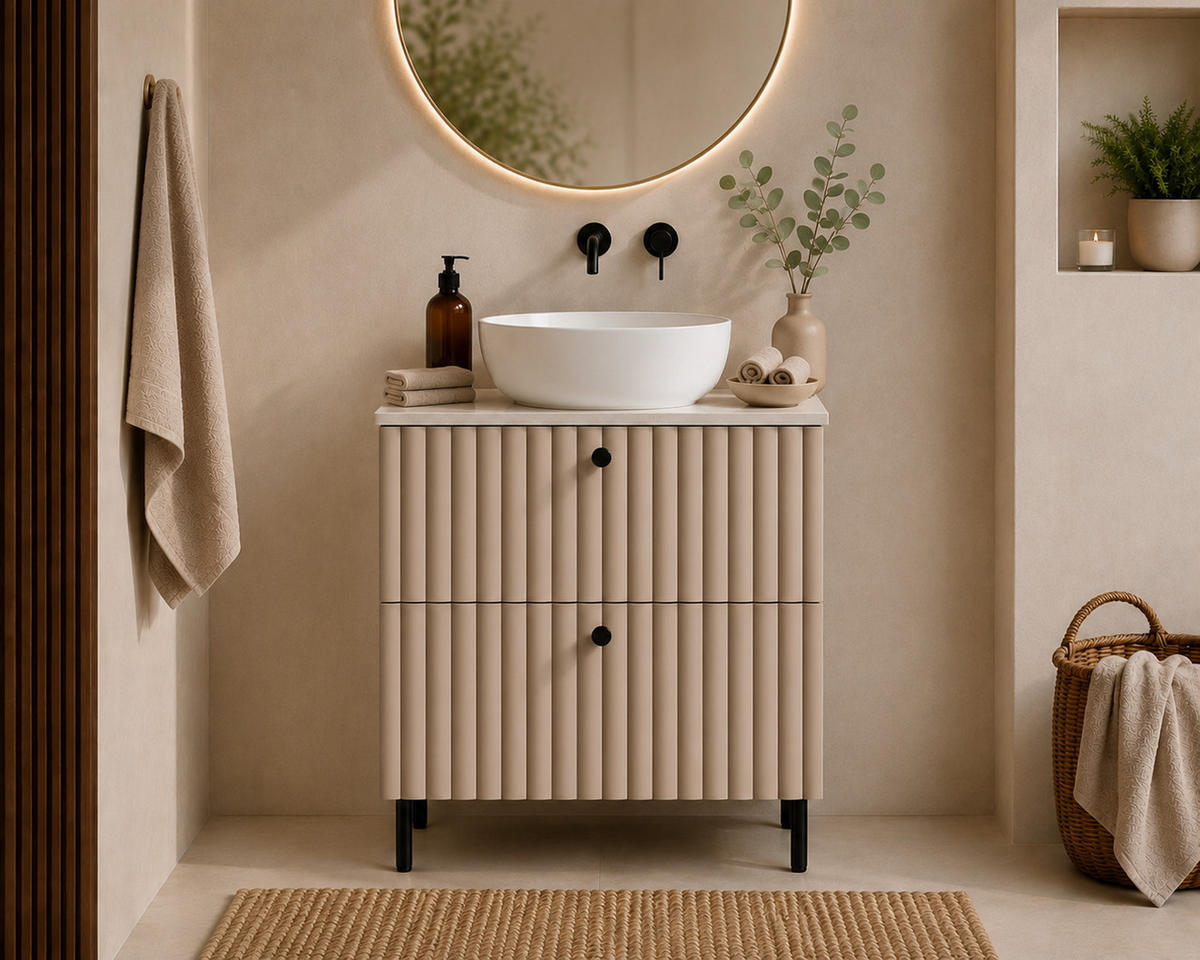BADEZIMMERSCHRANK: Kaschmir / Platte Marmor Bianco / Griffe Schwarz / Beine Schwarz, 60 x 44,4 x 73,6 cm - Kaschmir/Schwarz, Holzwerkstoff (60/73.6/44.4cm) - 3XE LIVING