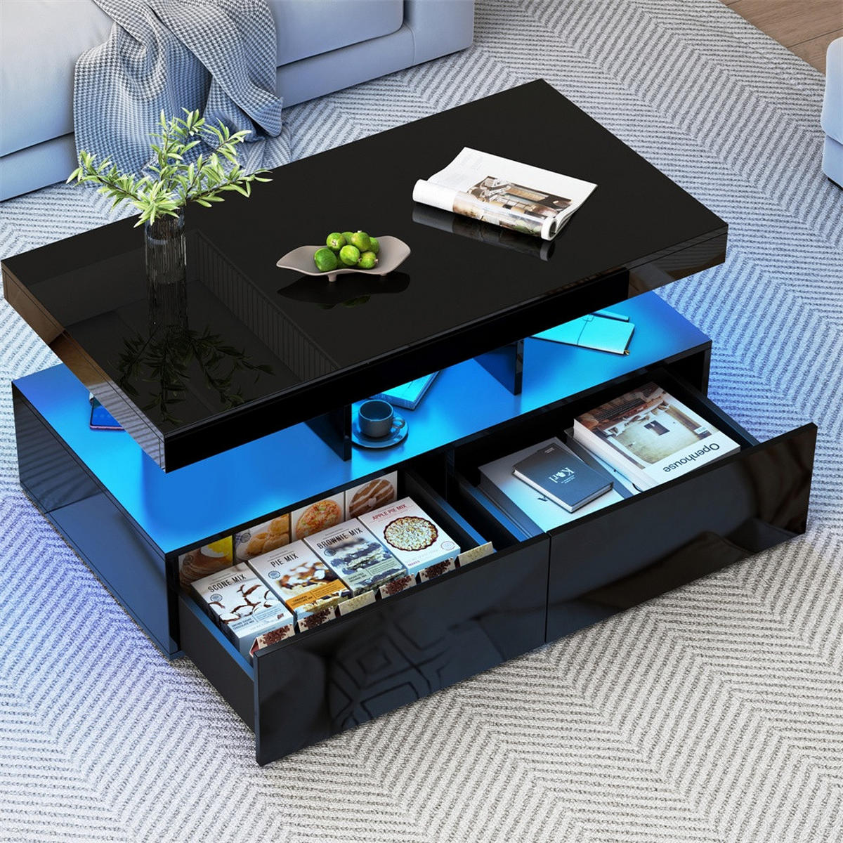 COUCHTISCH in Hochglanz-Schwarz mit LED-Beleuchtung - 2 Schubladen - Schwarz, Holzwerkstoff (104/53/46cm) - DELFA