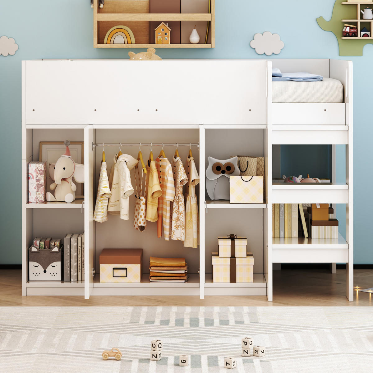 HOCHBETT 90/200 cm mit Stauraum Schrank und Regalen Weiß - Weiß, Holz (90/200cm) - OKWISH