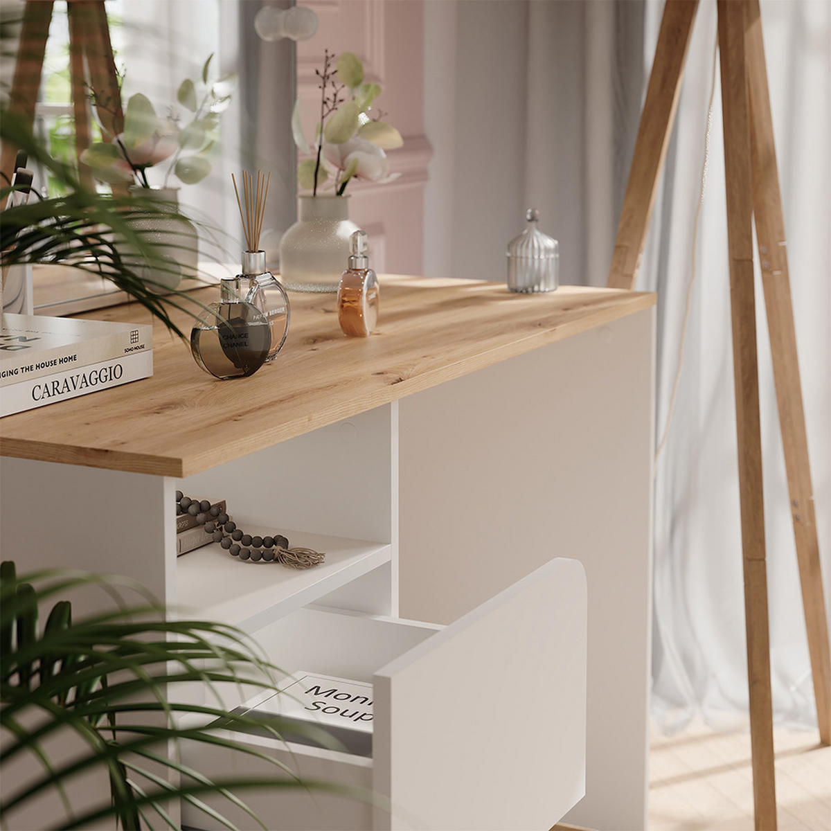 SCHMINKTISCH Karen Weiß/Artisan 110 cm mit LED-Lichterkette - Weiß/Eiche Artisan, Holzwerkstoff (110/75/55cm) - Vicco