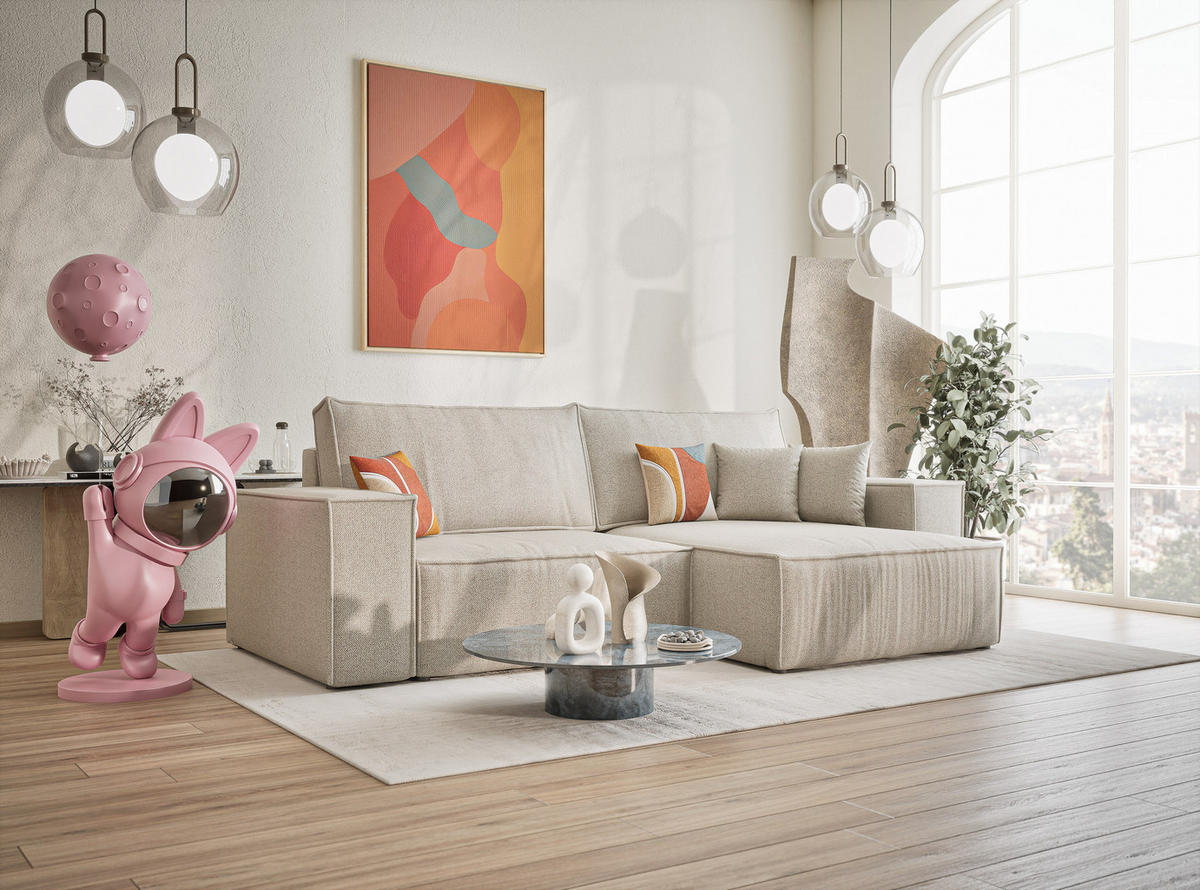 ECKSOFA MIT SCHLAFFUNKTION Zaya Beige Webstoff - Schwarz/Grau, Holz/Holzwerkstoff (255/148cm) - Maison de Reve