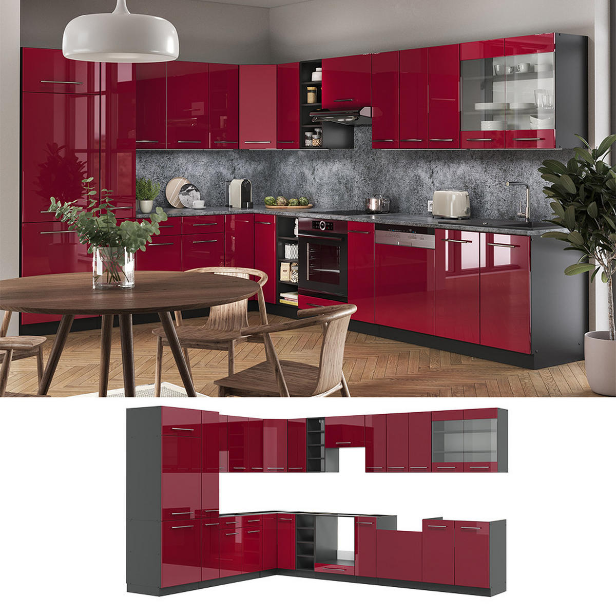 ECKKÜCHE Fame-Line Bordeaux Hochglanz/Anthrazit 347 x 257 cm mit Arbeitsplatte - Bordeaux/Anthrazit, Holzwerkstoff (347/81.6/60cm) - Vicco