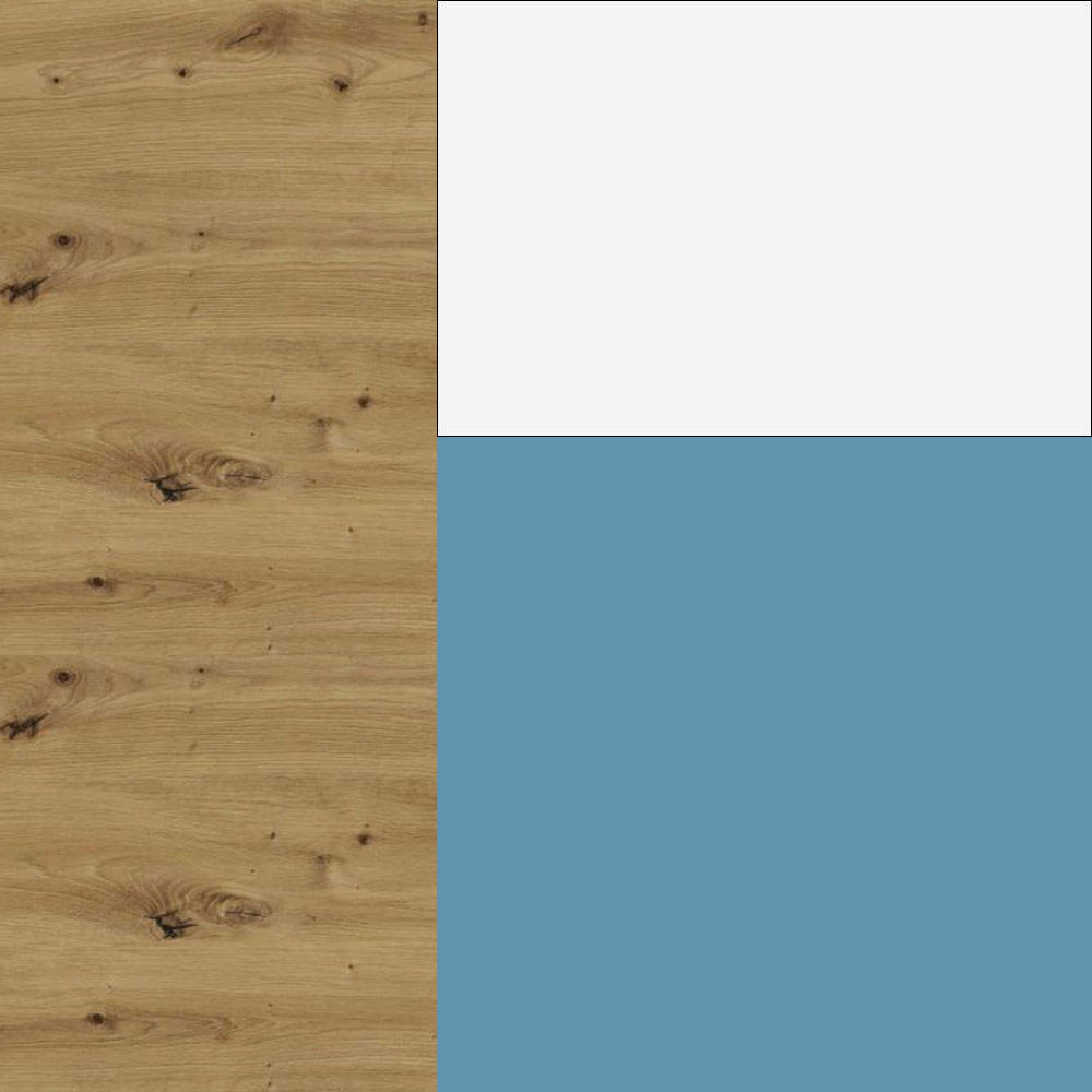 L-FORM KÜCHENZEILE Bari (16-tlg) Eiche Artisan / Pastellblau - Signalweiß - Blau, Holzwerkstoff/Metall (347/243/202cm) - Feldmann-Wohnen