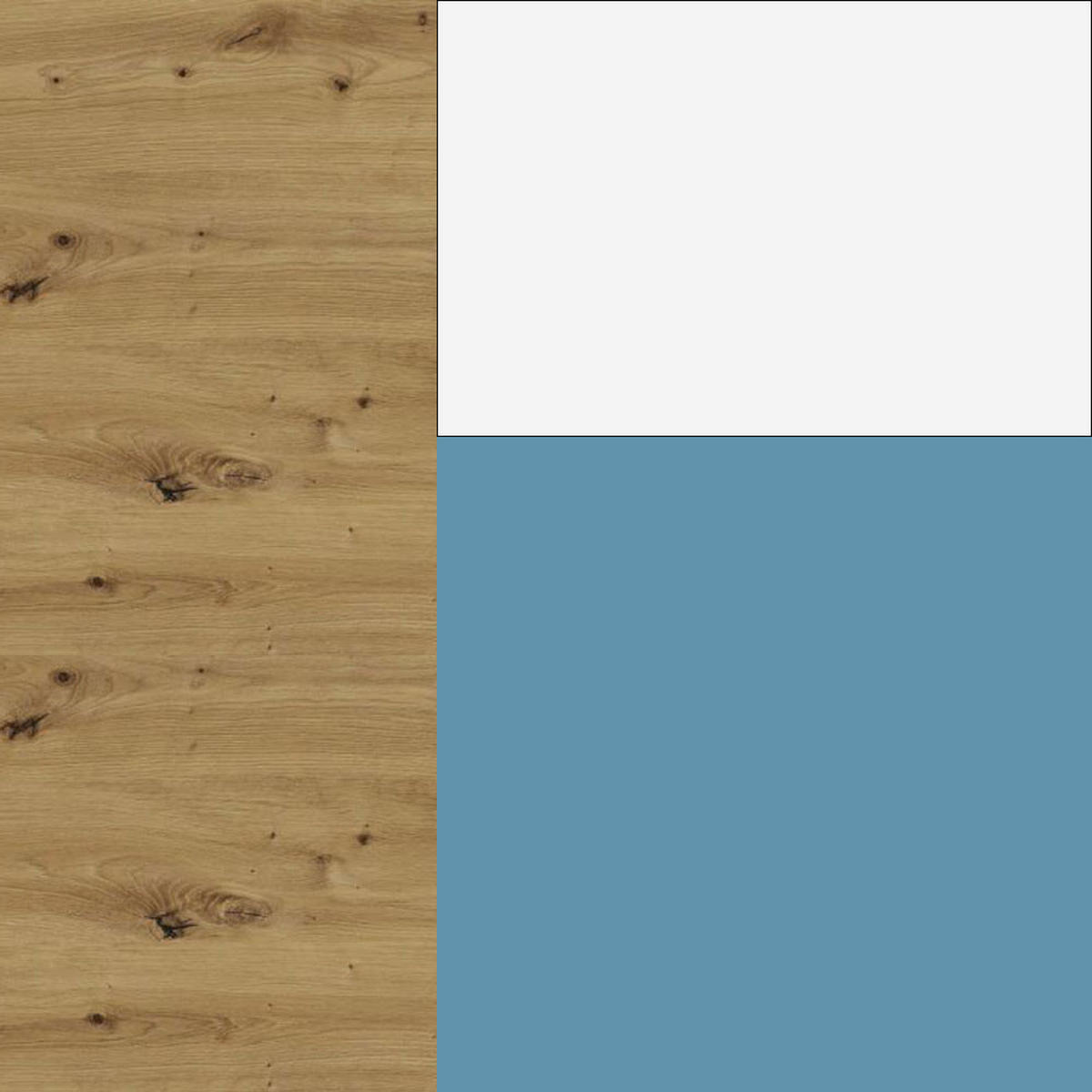 L-FORM KÜCHENZEILE Bari (16-tlg) Eiche Artisan / Pastellblau - Signalweiß - Blau, Holzwerkstoff/Metall (347/243/202cm) - Feldmann-Wohnen