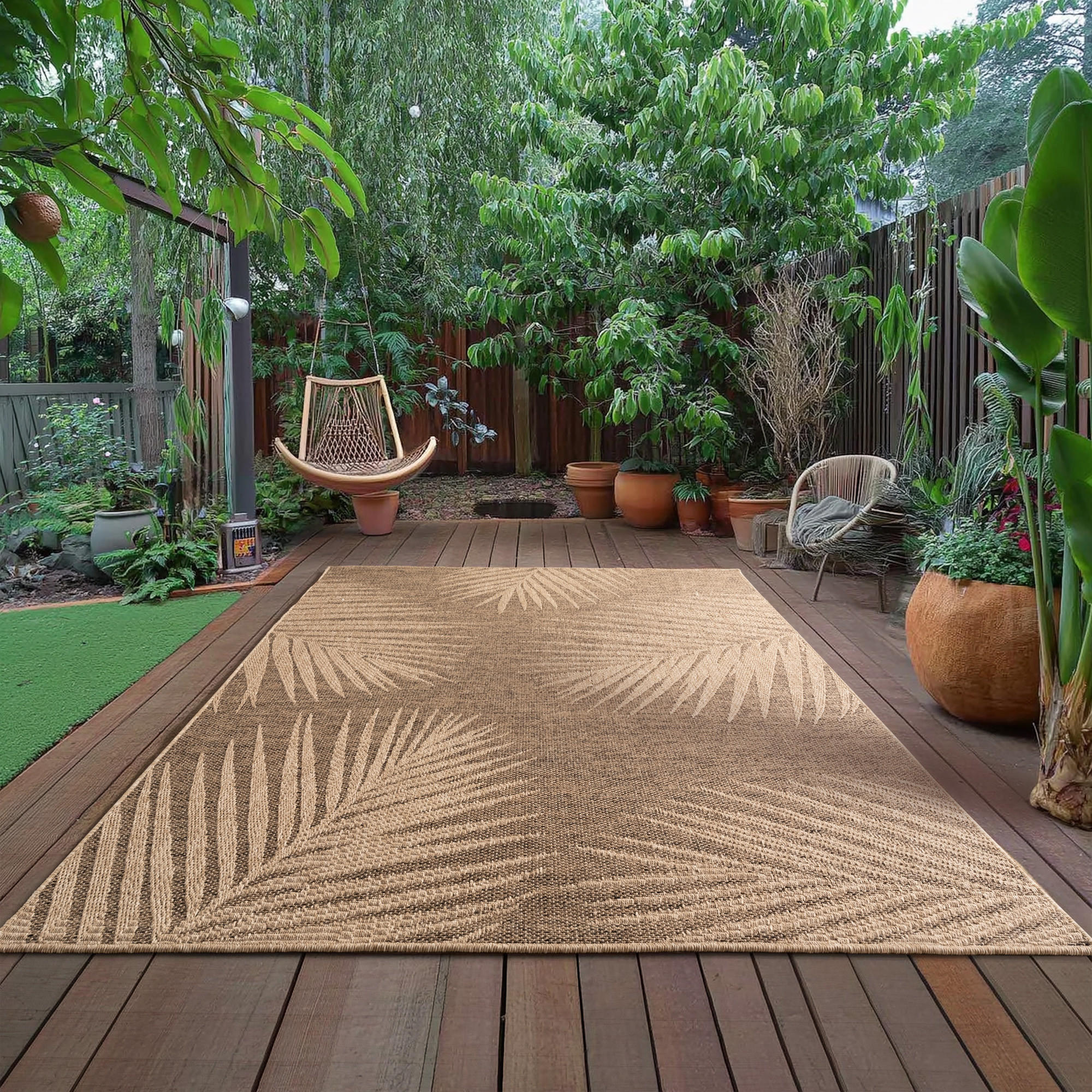 TEPPICH In-/Outdoor Jute-Optik Flachgewebe Blattmuster Polypropylen Braun Rechteckig 240x340 - Braun, Textil (240/340cm) - KADIMA DESIGN