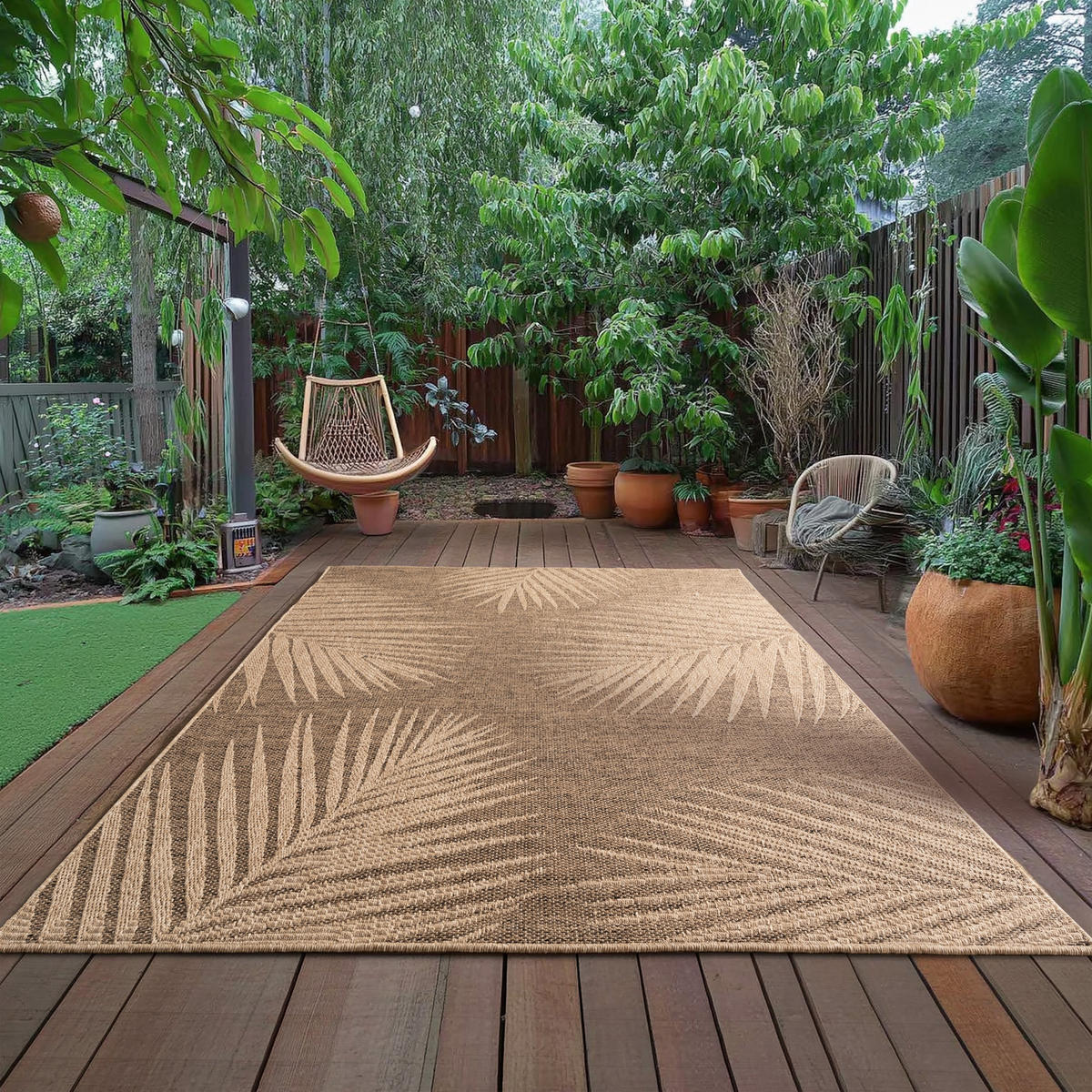 TEPPICH In-/Outdoor Jute-Optik Flachgewebe Blattmuster Polypropylen Braun Rechteckig 200x290 - Braun, Textil (200/290cm) - KADIMA DESIGN