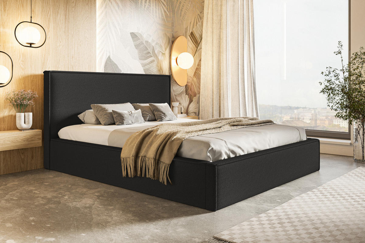 DOPPELBETT 140x200 mit Bettkasten Kyoto, Boucle, Schwarz - Schwarz, Holz/Textil (140/200cm) - Emporius