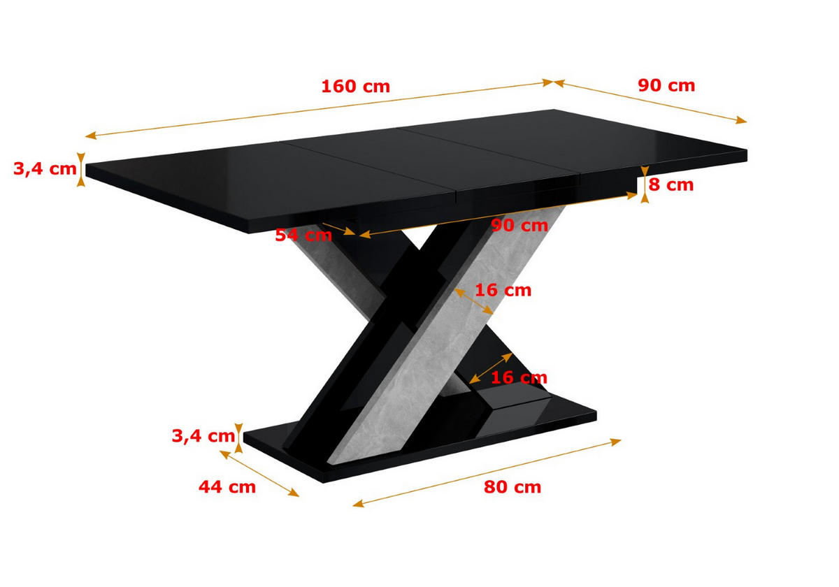 ESSTISCH ausziehbar 120 -160x90x75 cm - Hochglanz Schwarz/Betonoptik - AOX - Schwarz Hochglanz, Holzwerkstoff (120/90/75cm) - ALTDECOR