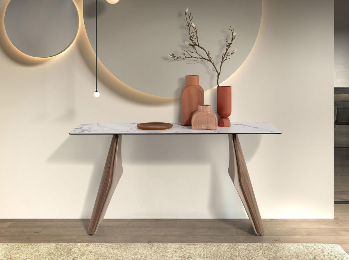 KONSOLENTISCH Rechteckige aus Feinsteinzeug, metallisiertem Sandstahl und Nussbaumholz 150/50/80 cm - Sandfarben/Nussbaumfarben, Keramik/Stein (50/150/80cm) - ANGEL CERDA