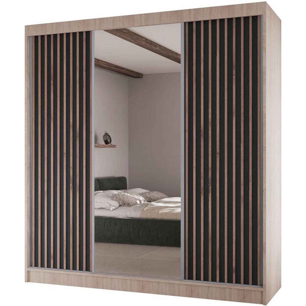 SCHWEBETÜRENSCHRANK Lico II 200/61/215 eiche sonoma+schwarz - Schwarz/Sonoma Eiche, Holzwerkstoff (200/215/61cm) - Beautysofa