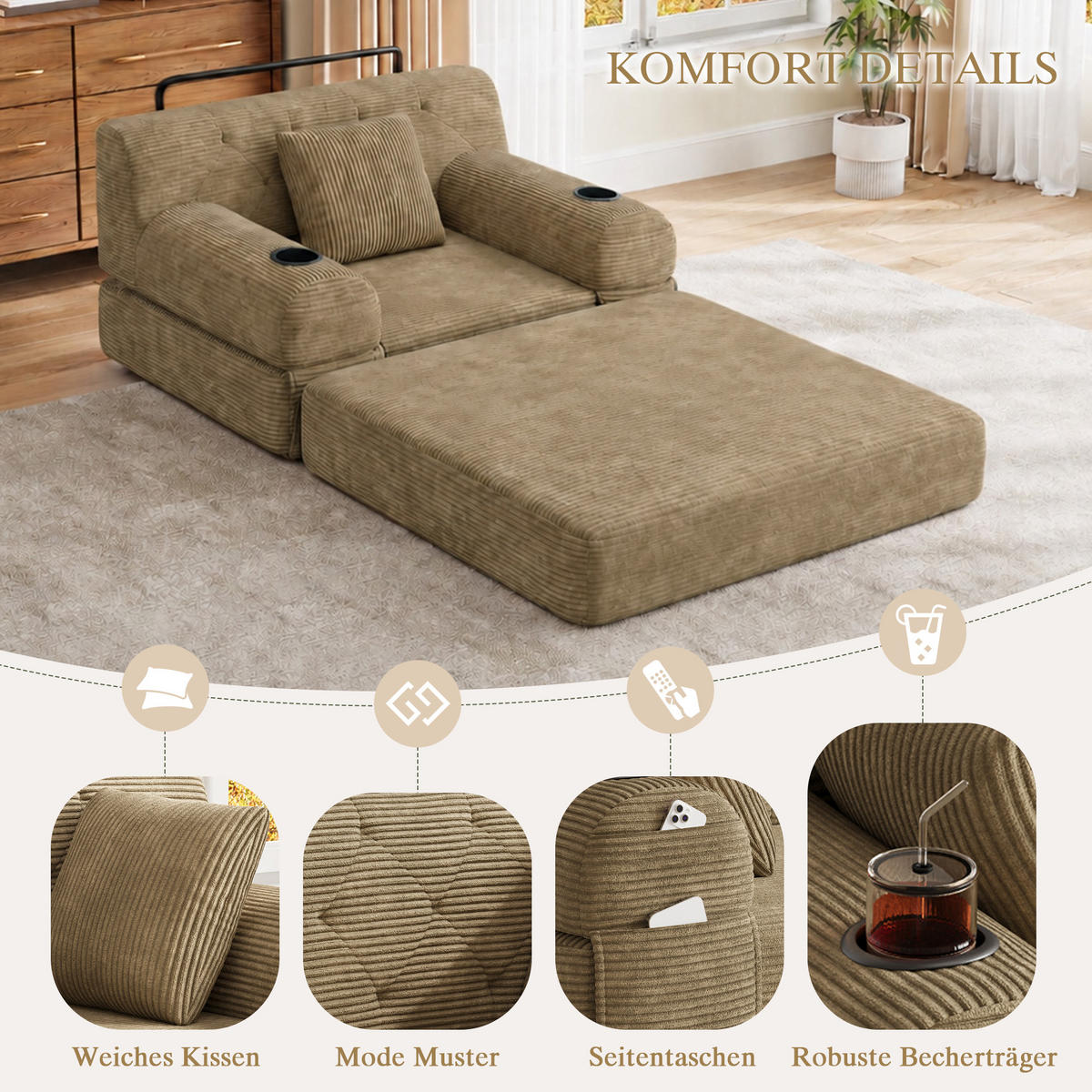 ROZKLÁDACÍ KŘESLO Khaki z manšestru s držáky nápojů - písková barva, textil (107/81/80cm) - Urban Meuble