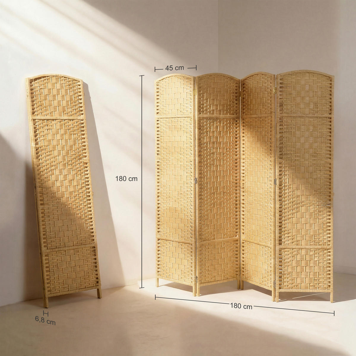 PARAVENT DE-14275 klappbar 4 Paneele 180x180 cm Natur - Naturfarben, Kunststoff (180/180/1.7cm) - ComfortXL