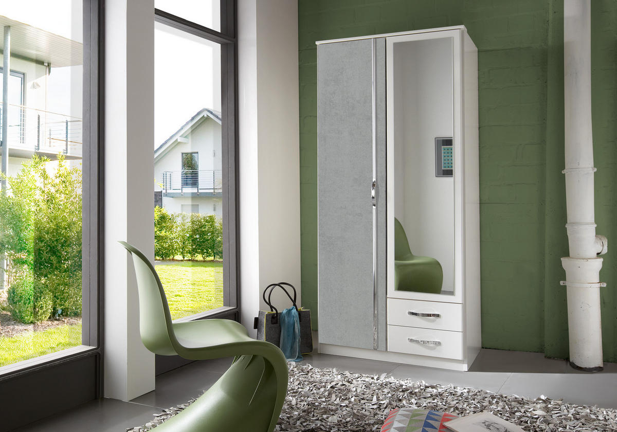 KLEIDERSCHRANK Duo in Weiß mit Beton mit Aufleistungen in Chrom 91x199x58 cm (BxHxT) – Drehtürenschrank 91 cm Breite - Weiß/Grau, Holzwerkstoff (120/200/80cm)