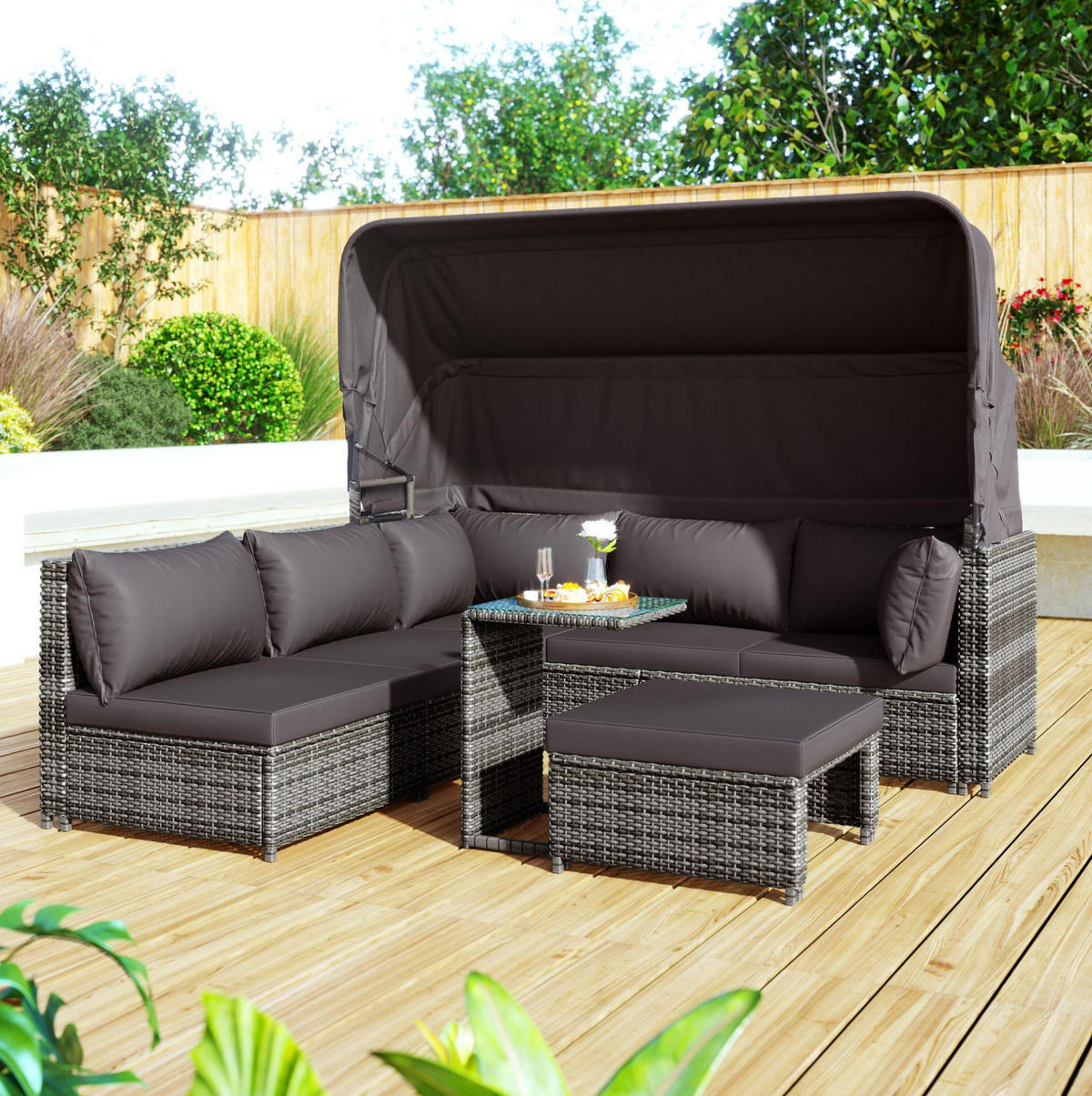 GARTENLOUNGE 194/70/157 cm grau aus Rattan mit Sonnendach - Grau, Kunststoff - OKWISH