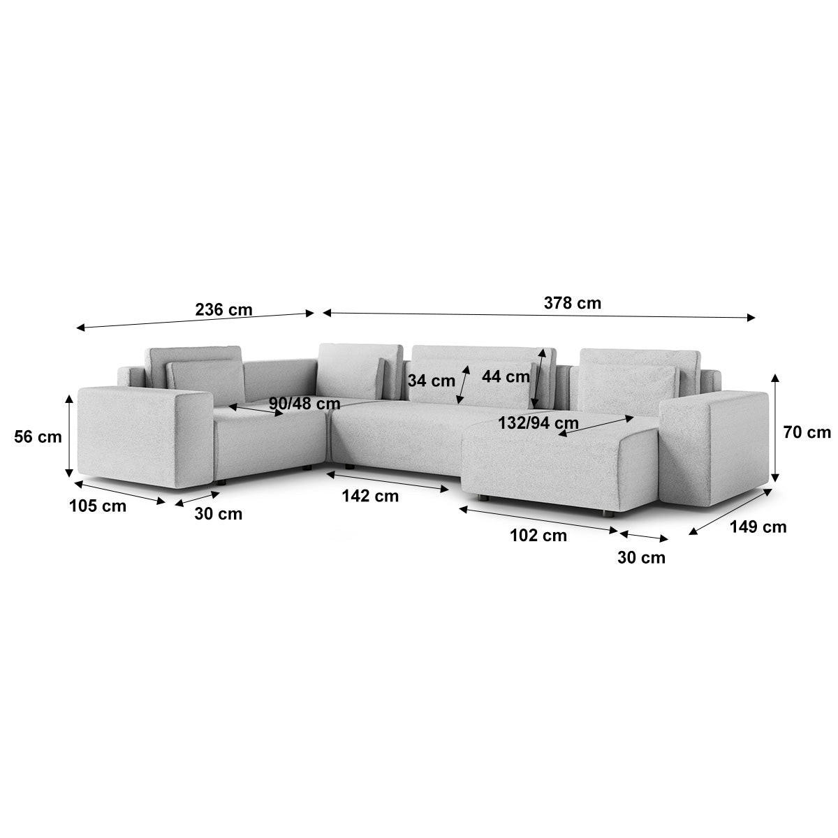 PANORAMASOFA Lorenzo 5 Sitzplätze Hellgrau - Grau, Holz (378/85/236cm) - Petits-meubles
