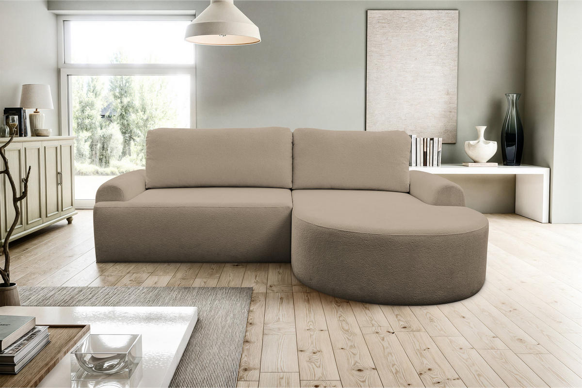 ECKSOFA Dream in L-Form mit Schlaffunktion und Bettkasten, Farbe: Braun, Bouclé-Stoff, Ottomane Rechts - Braun, Textil (260/136cm) - VENASI MÖBEL
