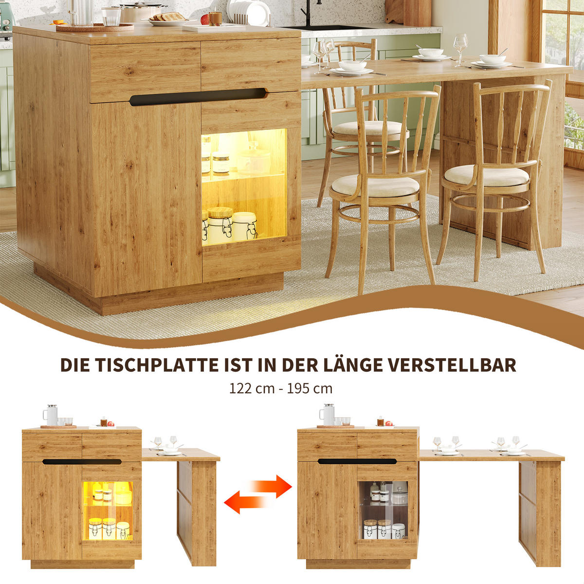 KÜCHENINSEL Ausziehbarer Tisch LED App Eiche Stauraum - Naturfarben, Holzwerkstoff (122/93.5/70cm) - FLIEKS