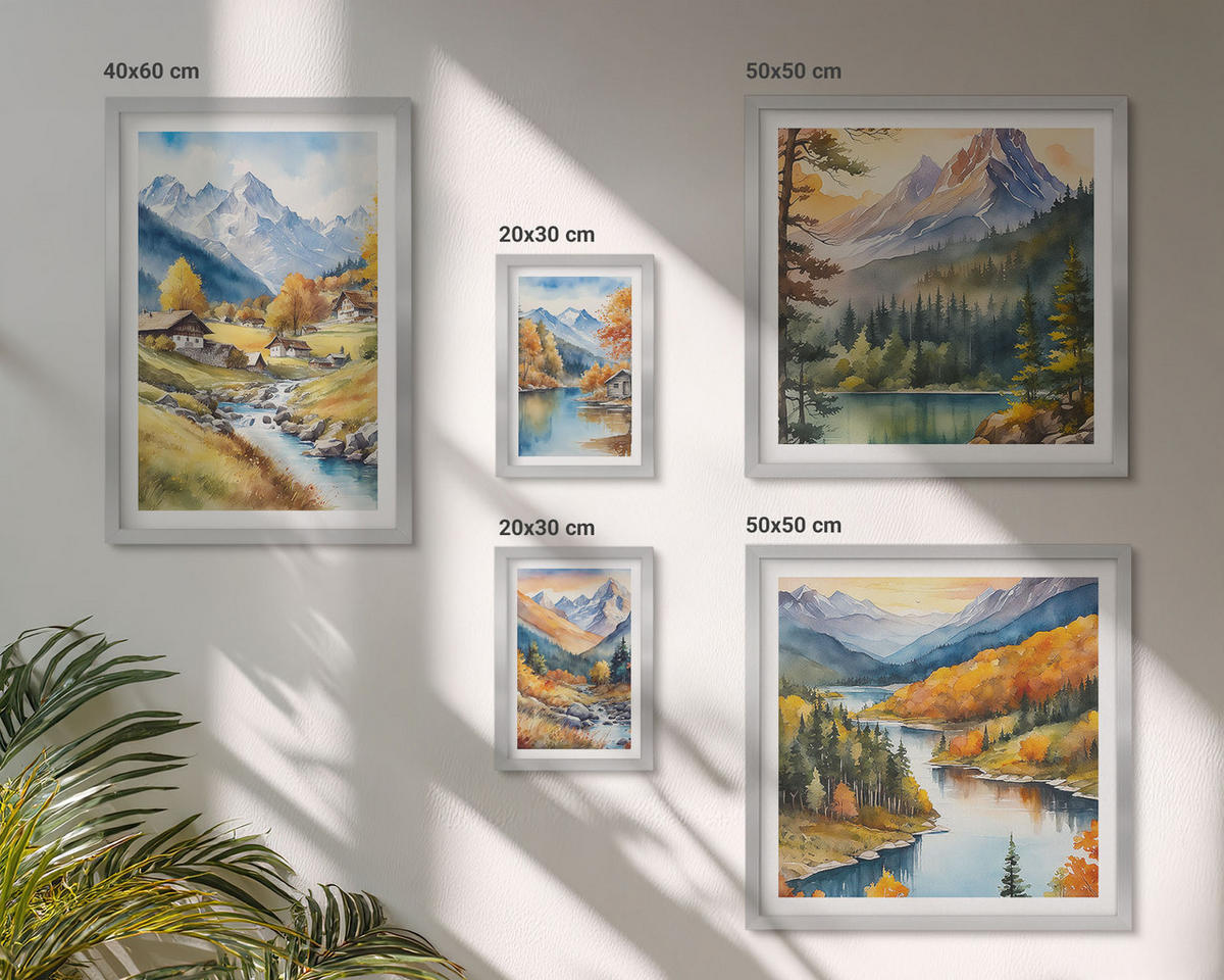 BILDER SET 5er Set - 50x50 cm & 20x30 cm & 40x60 cm Silberner Rahmen - Bergblick, Fluss, Herbst - Silberfarben, Kunststoff (40/60cm) - TULUP