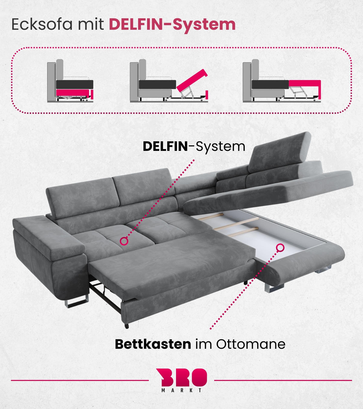 ECKSOFA Anton mit Schlaffunktion Grau Samt - Silberfarben/Grau, Textil/Metall (142/275cm) - Bromarkt