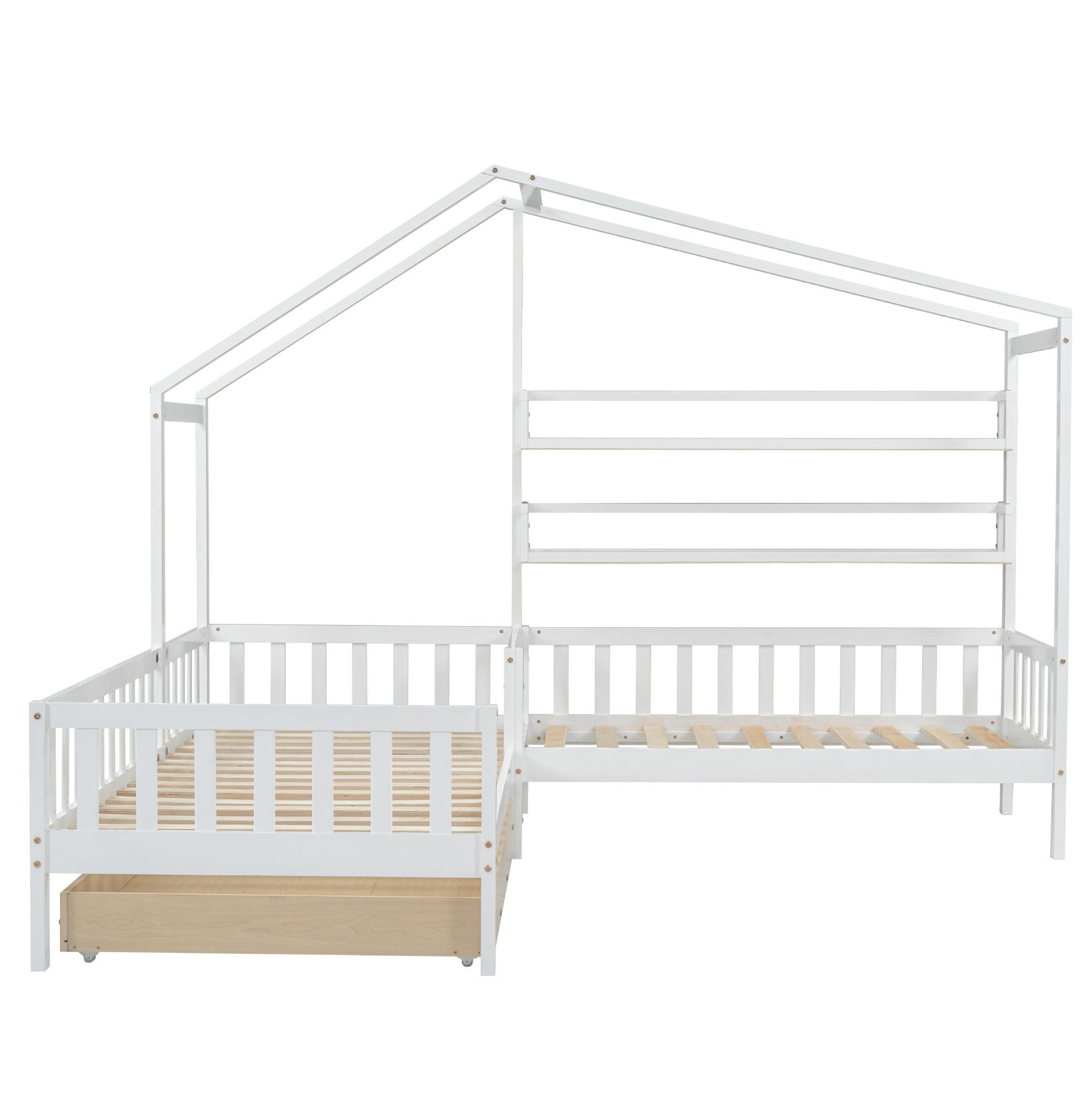 KINDERBETT 90/200 cm und 70/140 cm Hausbett L-Form mit Schubladen und Regalen, weiß, ohne Matratze - Weiß, Holz (90/200cm) - MIVRAY