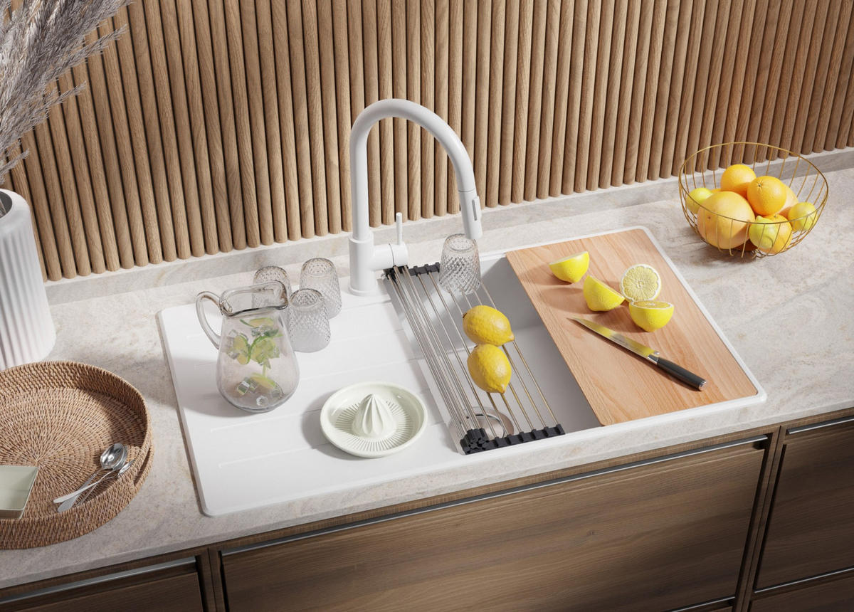 SPÜLBECKEN Kopenhagen, 2-er set Weiß 90/50 cm 1 Becken + Ablauf-Set + Schneidebrett ab 60er Unterschrank - Chromfarben/Beige, Kunststoff (90/20/50cm) - Primagran