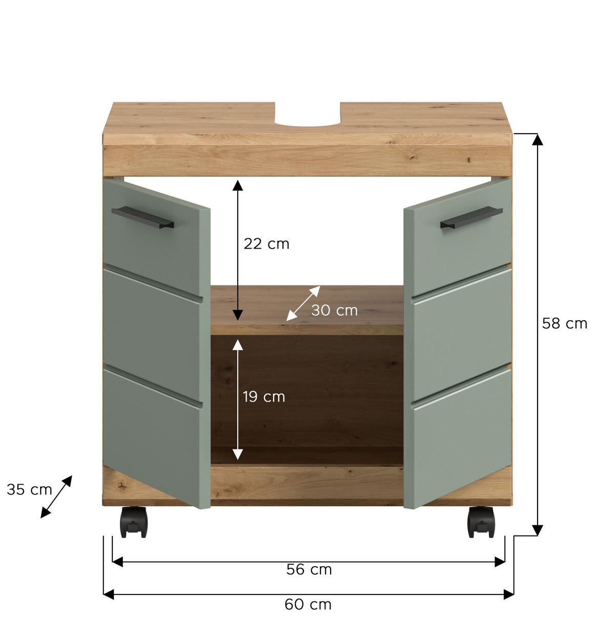 WASCHBECKENUNTERSCHRANK auf Rollen SCOUT (B/H/T: ca. 60/60/34 cm) in Artisan Eiche Nachbildung/Salbei - Eiche Artisan, Holzwerkstoff (60/60/34cm)