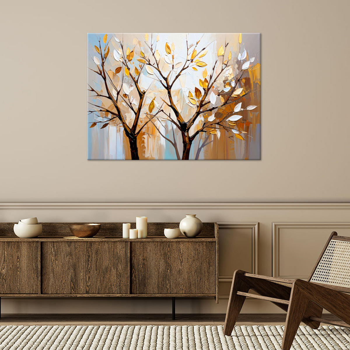 LEINWANDBILD Blätter Zweige in Beige 90x60cm - Beige, Textil (90/60cm) - Feeby