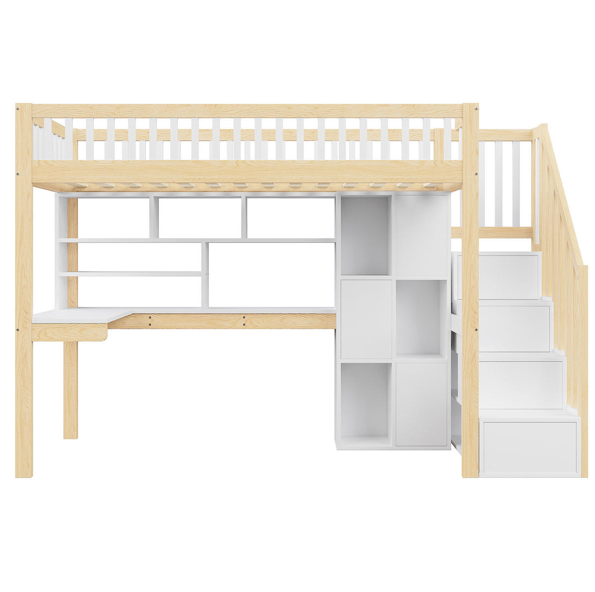 HOCHBETT 90/200 cm aus Kiefer und MDF mit LED, Stauraumleiter und Schreibtisch Weiß/Natur - Naturfarben, Holz (90/200cm) - Modenvie