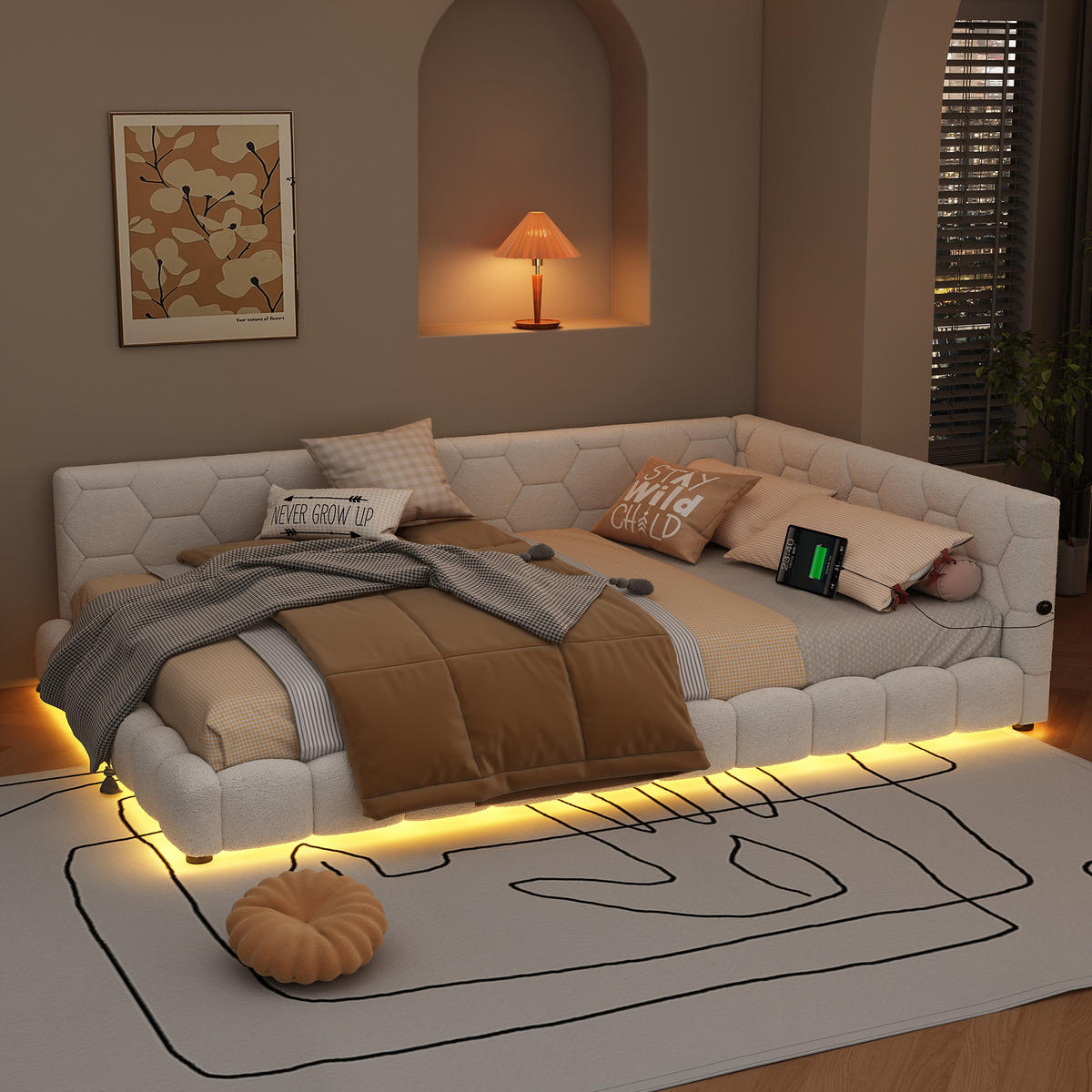 TAGEBETT 140x200cm Weiß Vliesimitat 16 Farben Umgebungslicht USB-C - Weiß, Holz (140/200cm) - FLIEKS