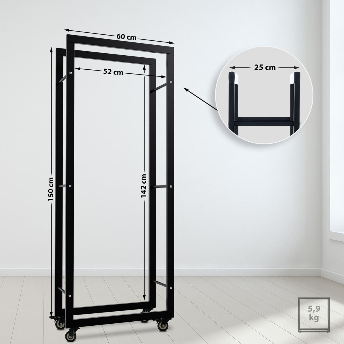 KAMINHOLZREGAL 60/25/150 cm Metall Schwarz - Schwarz, Metall (60/150/25cm) - CLP